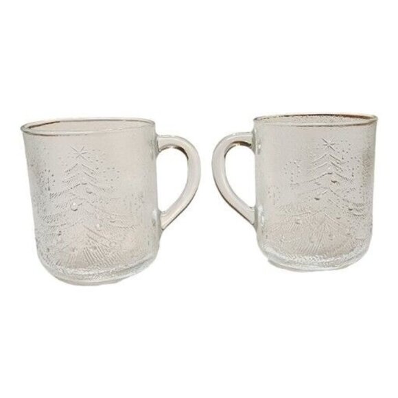 Set Of 2 Christmas Tree Mugs Cups Frosted Clear Tempered Glass, Duralex France - Picture 3 of 5